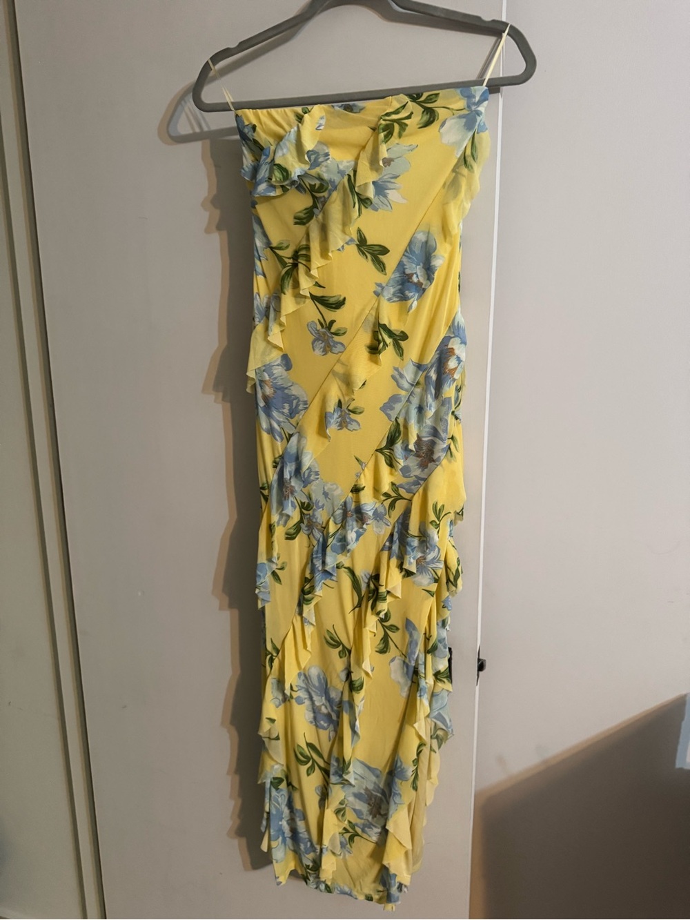 Sincerely Jules Yellow Maxi Dress with Blue Floral Ruffle